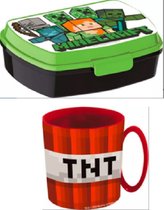 Minecraft brooddoos (17 cm - 13 cm - 6 cm) + drinkbeker TNT - Rood - (9 cm hoog - 350 ml)