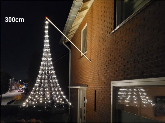 Vlaggenmast kerstverlichting gevel, hangende 3D kerstboom 3 meter -XL 300 cm - 320 warmwitte LED lampjes, vlaggenmast verlichting buiten