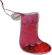 Kersthanger van stof - Kerst Sok - Roze / Rood - Stof - 11 x 2,5 x 11 cm
