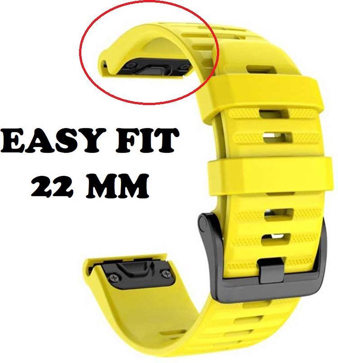 Firsttee - Siliconen Horlogeband - EASY FIT - Voor GARMIN - GEEL - 22 MM - Horlogebandjes - Sporthorloge - Easy Click - Garmin - S60 - S62 - Fenix 5 - Forerunner 935 - Fenix 6 (Pro) - Horloge bandje - Golfkleding - Golf accessoires - Cadeau