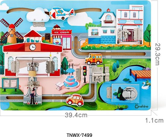 Thumbnail van een extra afbeelding van het spel Onshine - Groot speelbord deuren en sloten met als thema: verkeer in de stad - Speelbord met sloten en vergrendelingen bord met sluitingen - Slot en Grendel Stadsverkeer - Montessori speelgoed