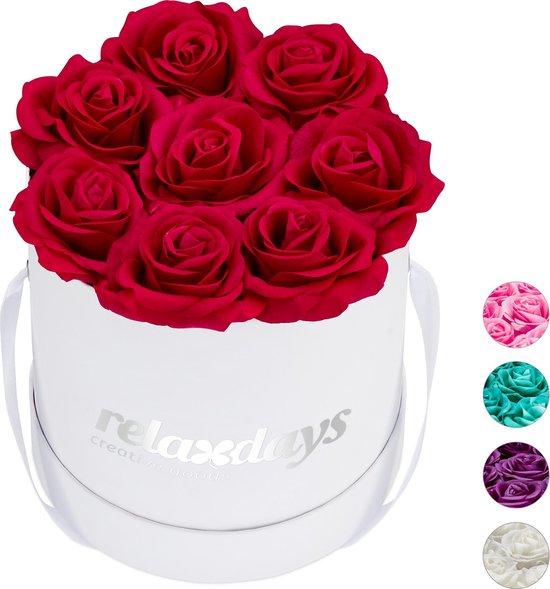 boîte à fleurs relaxdays - 8 roses artificielles - boîte à roses - boîte à fleurs - blanc - fleurs artificielles rouge