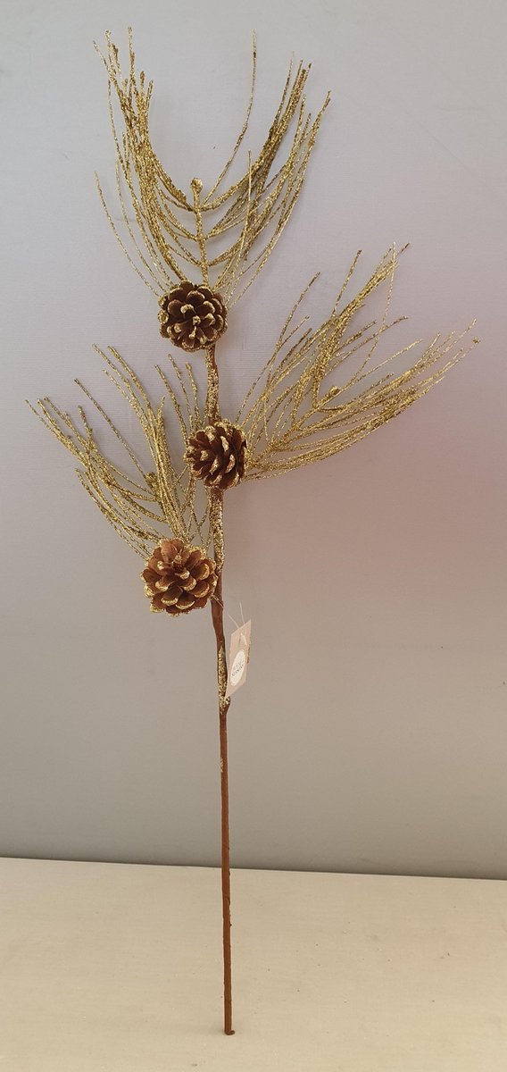 5stuks House of seasons Kersttak met dennenappels glitter goud H70cm
