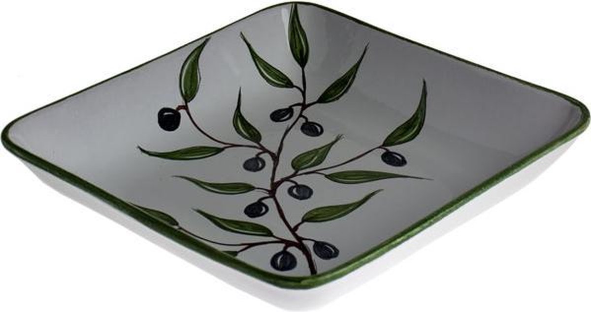 Italiaans servies, grote vierkante schaal hand beschilderd met olijfmotief