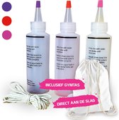 Tie Dye Kit met 3 Kleuren en Gymtas - Complete Tie Dye Starterset - Paars, Rood & Fuchsia - 120 ml - Textielverf - Tie Dye tas - Tie Dye Paint - Batik verf