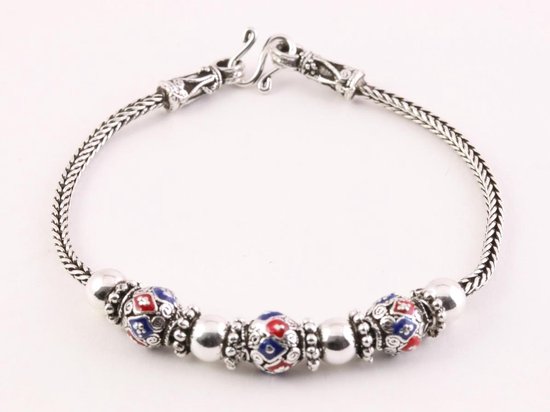 Bracelet en argent avec perles décorées en émail - longueur 18 cm