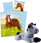 Dekbedovertrek bruin Paard , 1persoons dekbed , 140x200, incl. zachte paarden knuffel - 32 cm - grijs/zwart