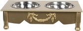 Clayre & Eef Voerbak Hond Kat 41*22*12 cm / 2*500 ml Goudkleurig Hout, Ijzer Rechthoek Strikjes, Ornamenten Voerbak Kat Voederbak Eetbak