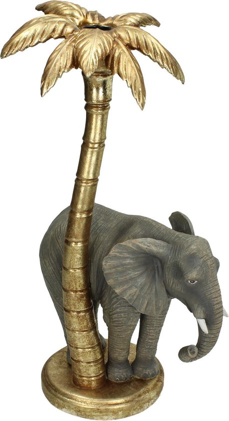 Decoratieve gouden kandelaar met olifant en palmboom 20x16x37cm