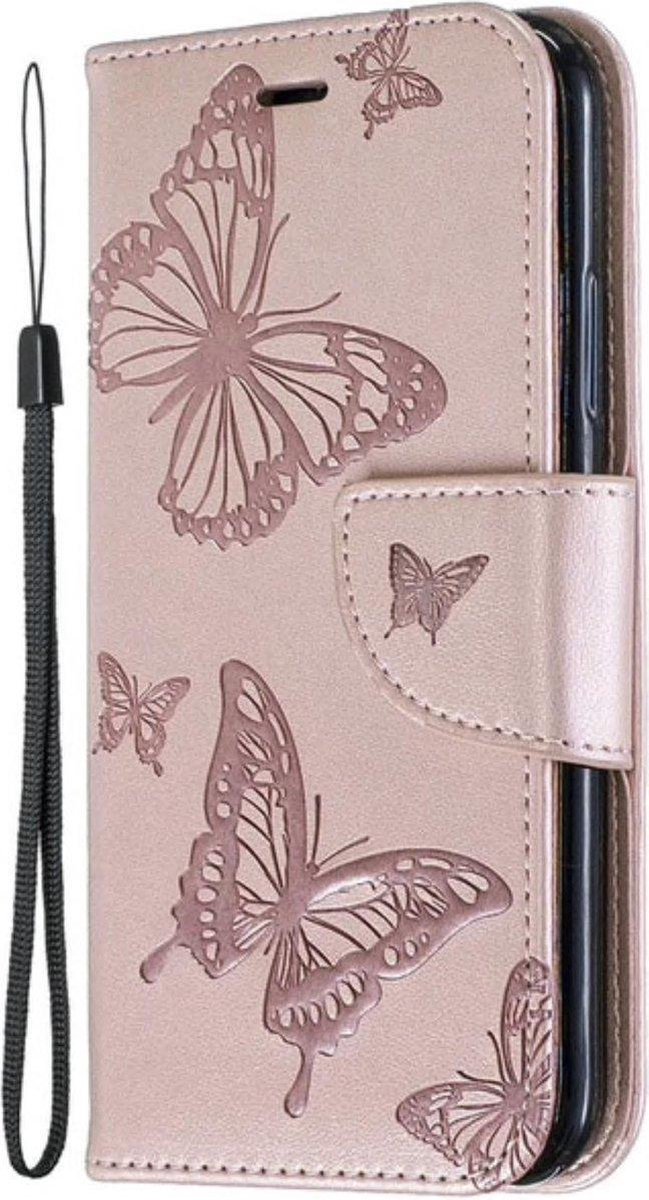 Geschikt voor Apple iPhone XR Bookcase - Roze - Vlinders - Portemonnee Hoesje - Pasjeshouder