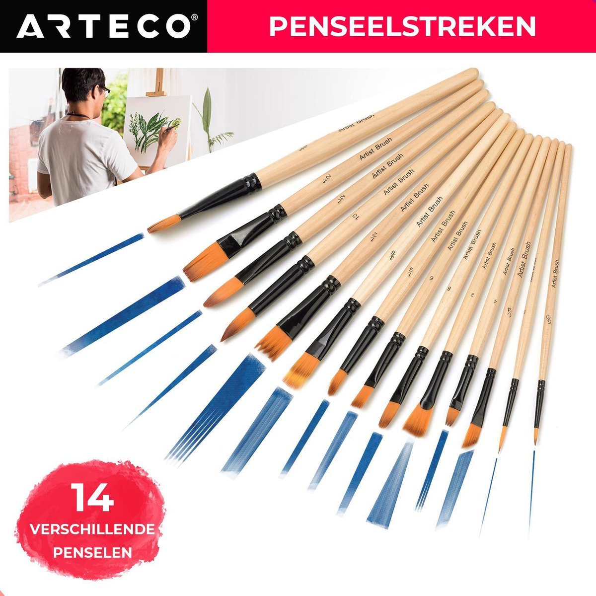 ARTECO® 16-delige Penselenset Inclusief Spons en Paletmes - Penselenset - Penselen - Acrylverf - Aquarelverf - Olieverf - Waterverf – Kwasten — afbeelding 10