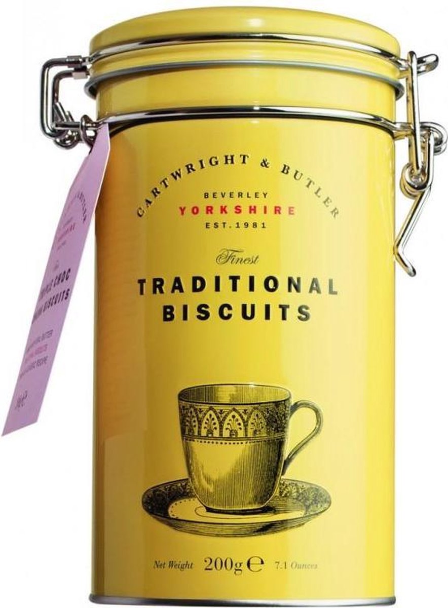 Cartwright & Butler Cadeautip: Vintage Koekblik gevuld met Triple Chocolate Koekjes - geel