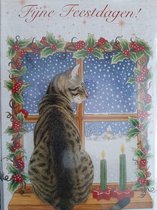 8 Dubbele Kerstkaarten met 8 Enveloppen 10 x 15 cm van Franciens Katten , Fijne Feestdagen, Kat in raam