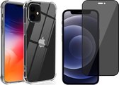 iPhone 12 Mini Hoesje en Screenprotector - iPhone 12 Mini Hoesje Transparant Siliconen Shockproof Case + Screen Protector Glas Privacy