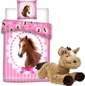 Paarden dekbedovertrek 140 x 200 cm, incl. zachte paarden knuffel - 32 cm -Bruin - kinderen slaapkamer eenpersoons dekbed