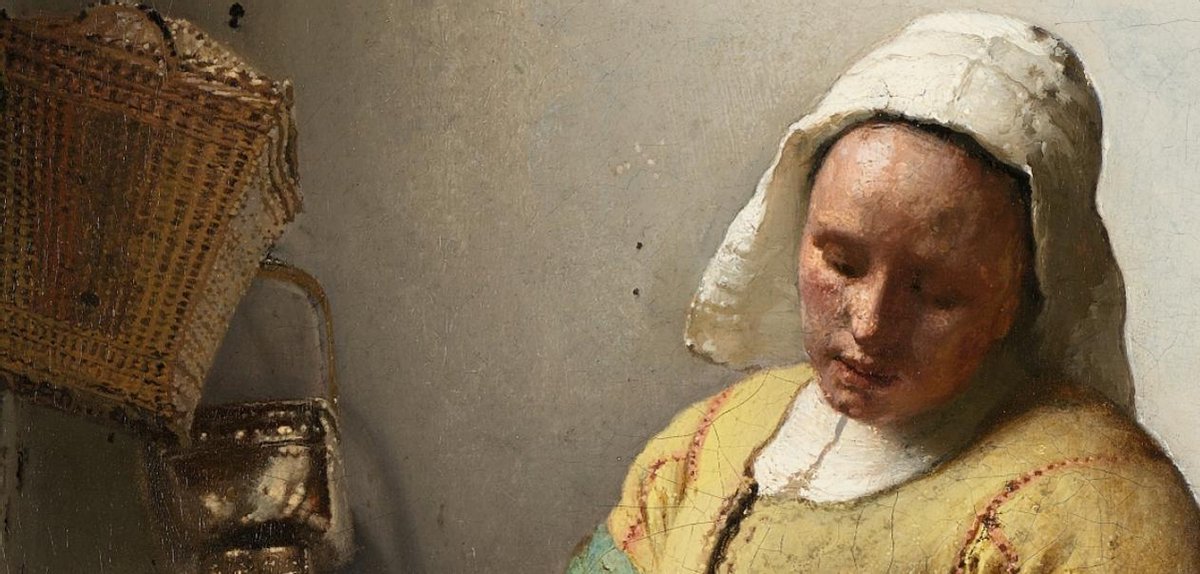 Kunst: Johannes Vermeer, Het melkmeisje, 1660. Schilderij op aluminium