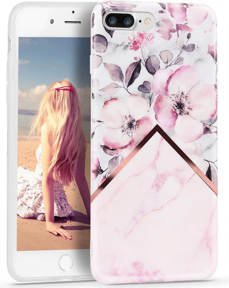 Geschikt voor Apple iPhone 7 / 8 Plus - Wit - Roze - Marmer - Bloemen - Soft TPU