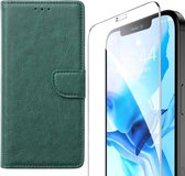 iPhone 12 - Bookcase Groen - portemonee hoesje + 2X Tempered Glas Screenprotector