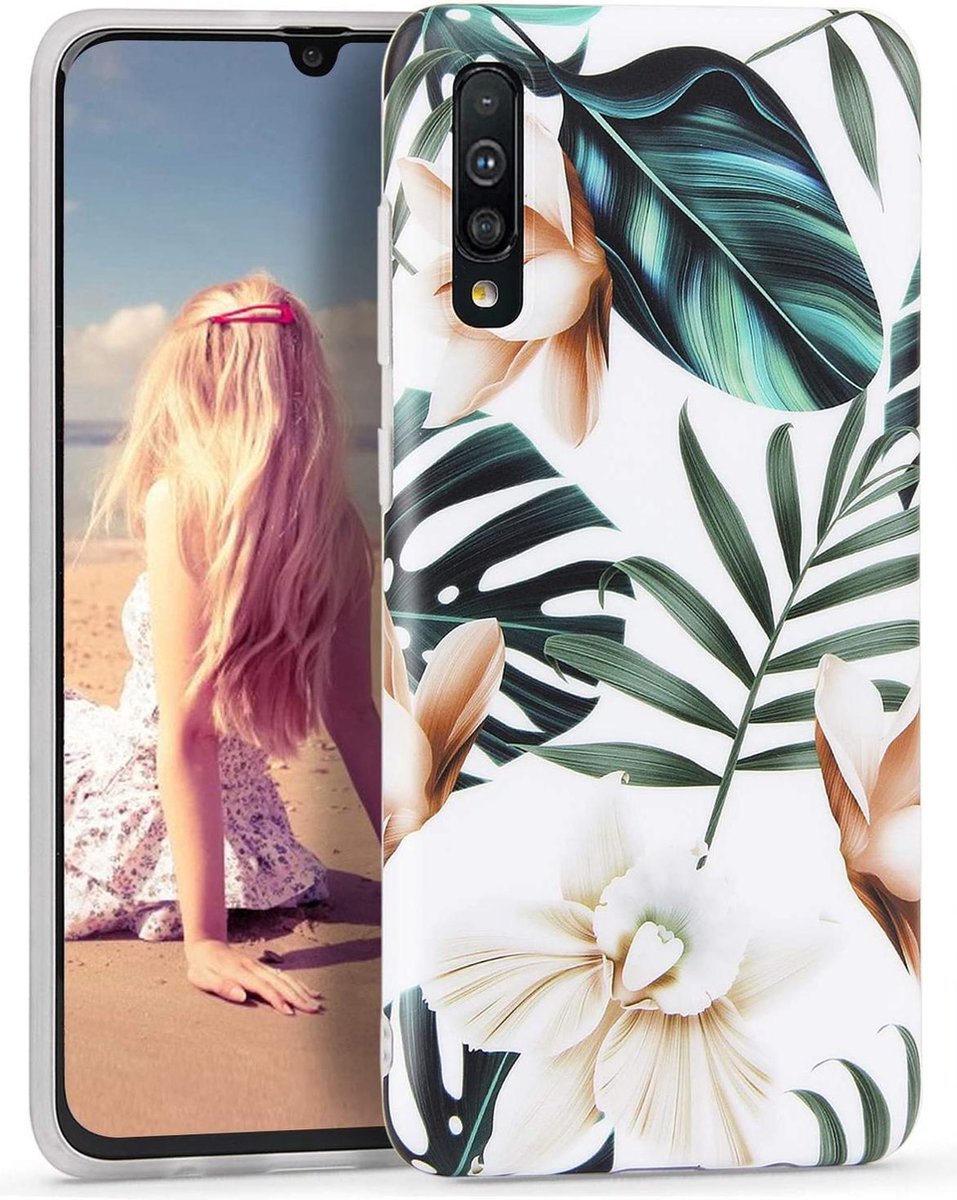 Geschikt voor Samsung Galaxy A70 Backcover - Groen / Wit - Bloemen - Soft TPU Hoesje