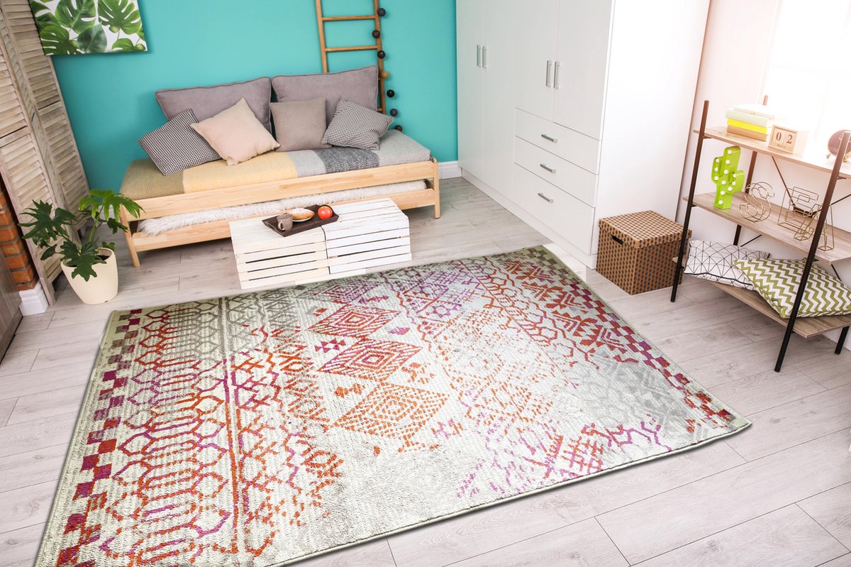 Aledin Carpets Bengaluru - Vintage - Laagpolig - Vloerkleed 160x230cm - Creme Paars Oranje
