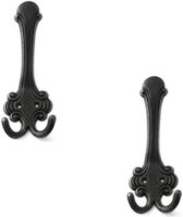 2x Luxe kapstokhaken / jashaken met dubbele haak - zwart - hoogwaardig zamac - 14,5 x 5,4 cm - antiek stijl kapstokhaakjes / garderobe haakjes