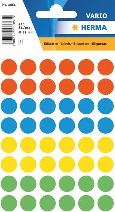 Verpakking met ronde, gekleurde etiketten in oranje, blauw, geel en groen