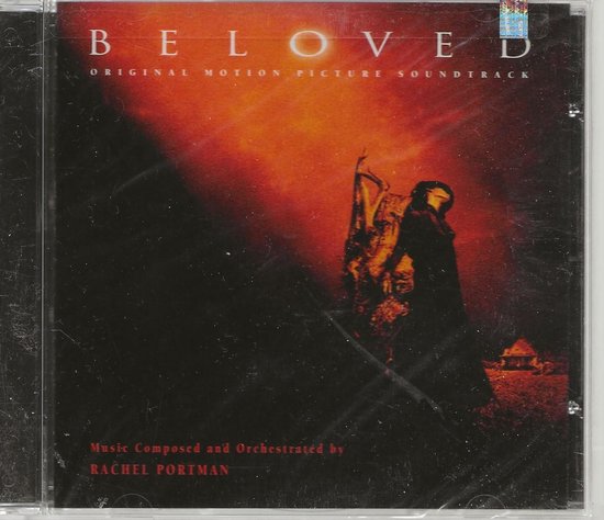 Cd-hoes van 'Beloved Original Motion Picture Soundtrack' met gloeiende, oranje en rode tinten en een silhouet van een figuur dat op een grafsteen leunt.