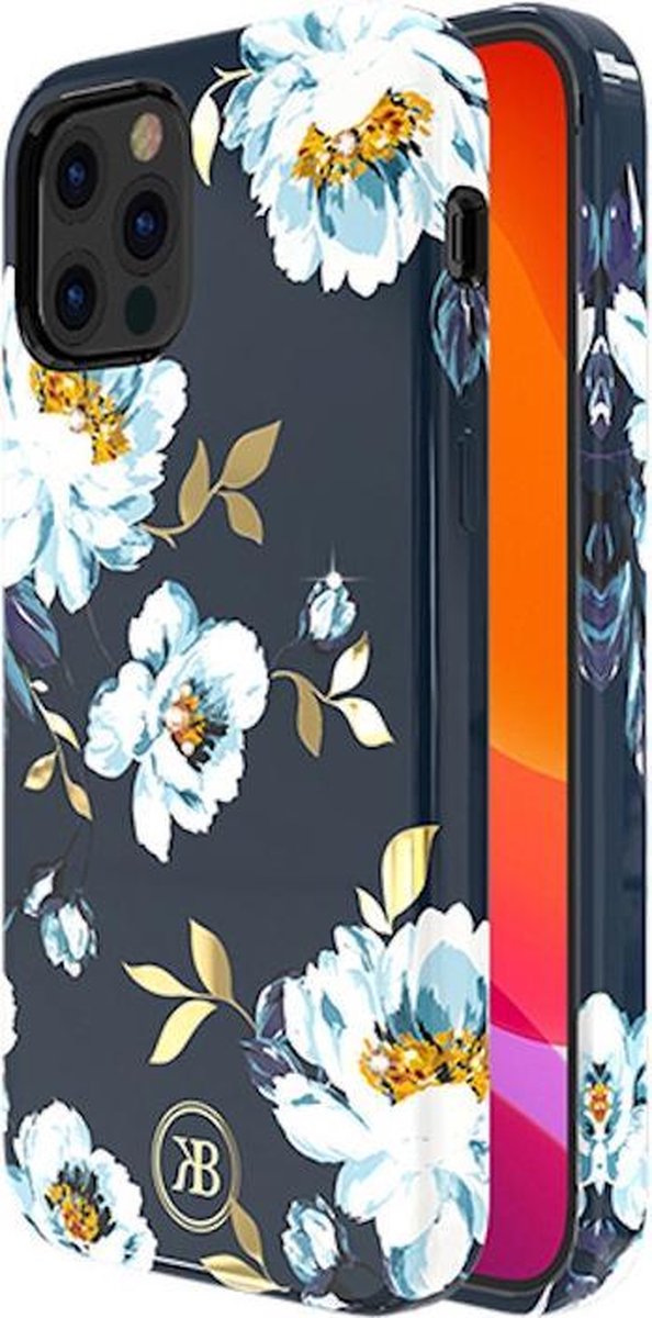 Kingxbar iPhone 12 Pro Max hoesje blauw wit bloemen - BackCover - anti bacterieel - Crystals from Swarovski