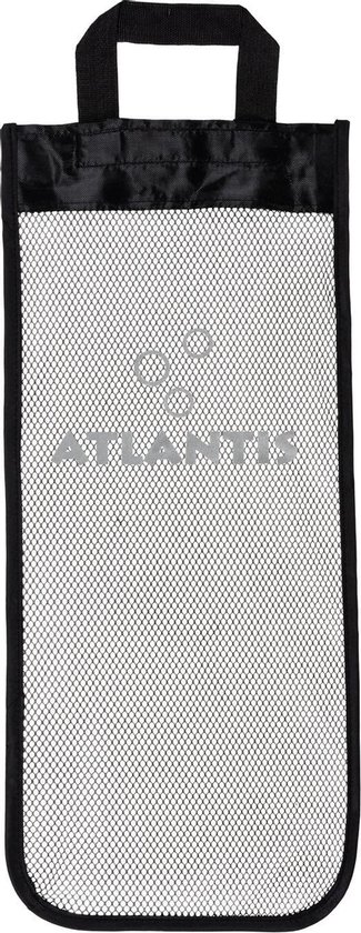 Zwarte mesh draagtas met Atlantis logo, voor snorkelspullen.