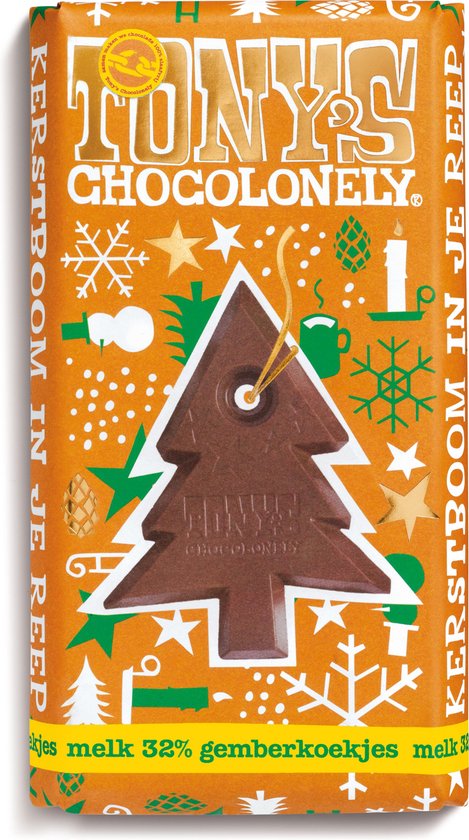 Foto: Tony s chocolonely kerstboom chocolade reep melkchocolade met gemberkoekjes kerst kadootjes kerstcadeau feestdagen 1 x 180 gram