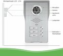 Zilverkleurige buitenpost met camera, microfoon, nachtzicht LED's en luidspreker. Montagehoogte 1,35 - 1,7m. Knoppen 301, 201, 101 met naamplaatje.