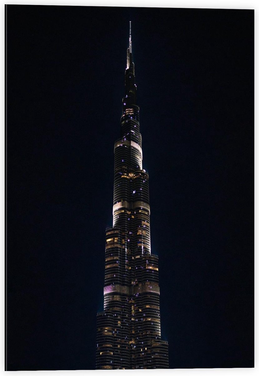 Dibond - Dubai Fontein in het Donker - 40x60cm Foto op Aluminium (Wanddecoratie van metaal