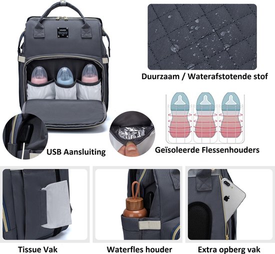 Luiertas - Multifuctioneel luiertas 3 In 1 - Met Babybedje - Met Verschoningsmatje - Grijs - Met Usb - Met Verdikt Matras van Olivia&Bruce — afbeelding 3