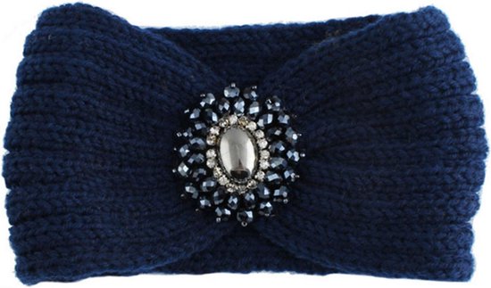 Trendy hoofdband haarband met grote broche in het midden kleur blauw maat one size