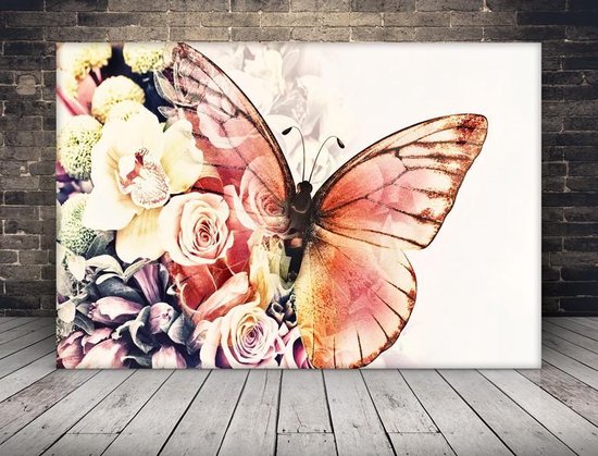 Vlinder met rozen en andere bloemen canvas