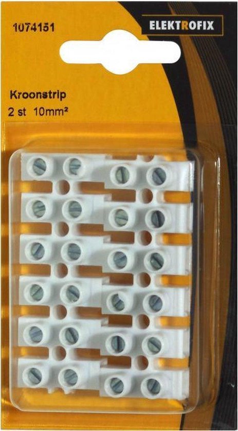 Twee witte kroonstrips, elk met 6 aansluitpunten en schroeven. De verpakking vermeldt 'Kroonstrip 2 st 10mm²'.