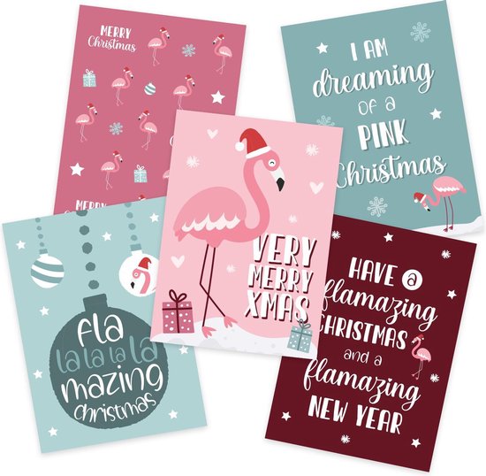 Flamingo kerstkaarten - Set van 10 kaarten met enveloppen - Studio Mamengo