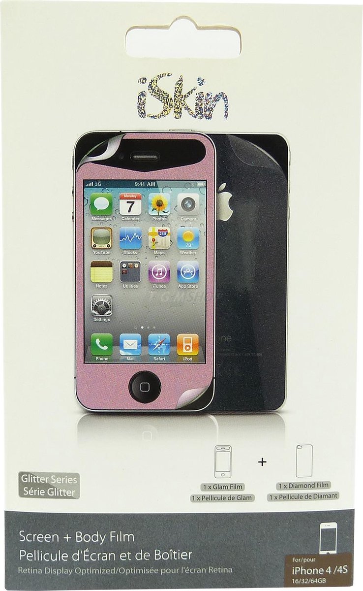 iSkin Glam Screen and Body Film for iPhone 4/4S - Glitter Pink/Clear