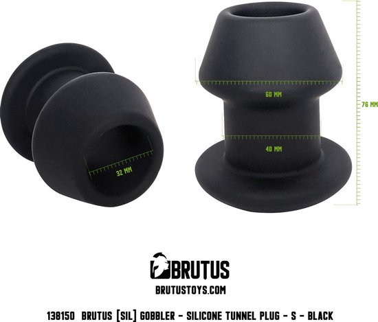 Zwarte Brutus tunnel plug met afmetingen 76mm x 60mm x 40mm.
