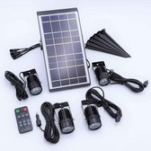Solar Lamp 4 Spots Luminus Pro - Zonne Energie - IP65 - 4x 100 lumen - Prikspots - Hoge lichtopbrengst - Met afstandsbediening - Staal - Dimfunctie - Timer - Groot los Zonnepaneel
