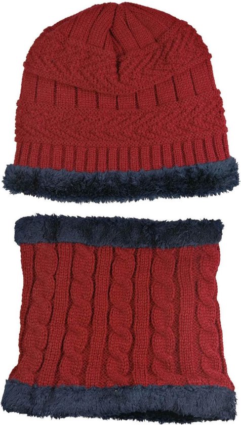 Luxe Gebreide Beanie Muts Met Sjaal Set - Warme Bonnet Winter Muts Met Colsjaal Nekwarmer - Halswarmer Wintermuts Gevoerd Wol - Balaclava Bivakmuts Met Nek Warmer Col - Heerlijk Warme & Zachte Fleece Voering - Volwassenen - Rood - AA Commerce