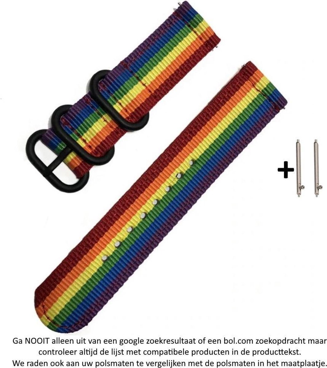 22mm Regenboog Nylon sporthorloge Bandje geschikt voor bepaalde 22mm smartwatches van verschillende bekende merken (zie lijst met compatibele modellen in producttekst) - Maat: zie foto - gespspluiting – Rainbow