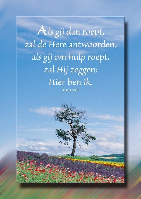 Een eenzame boom staat op een heuvel, omringd door velden met lavendel en rode klaprozen onder een blauwe hemel met tekst: 'Als gij dan roept, zal de Here antwoorden, als gij om hulp roept, zal Hij zeggen: Hier ben ik. Jesaja 58:9'