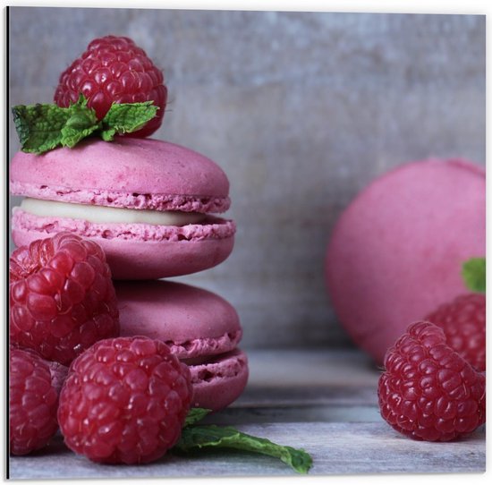 Dibond - Frambozen met Macarons - 50x50cm Foto op Aluminium (Met Ophangsysteem)