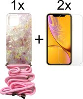 iPhone 12 pro hoesje koord apple case marmer roze wit hoesjes cover hoes - 2x iPhone 12 pro Screenprotector