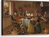 Canvas  - Oude Meesters - Het vrolijke huisgezin, Jan Havicksz. Steen, 1668 - 100x75cm Foto op Canvas Schilderij (Wanddecoratie op Canvas)
