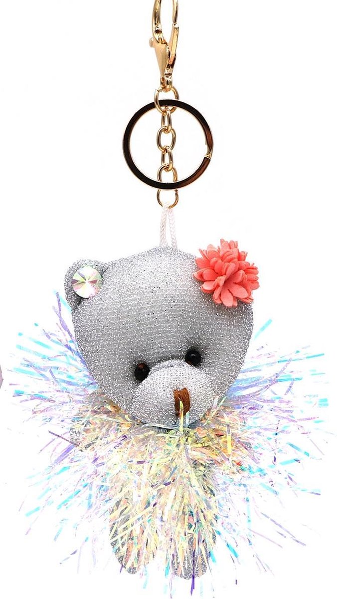 Sleutelhanger Beer met Glitters - 12 cm - Zilverkleurig