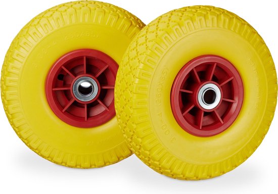 Relaxdays steekwagenwiel 2 stuks - 3.00-4 - rubberband - kogellager - 80 kg - 20 mm as - Geel-rood