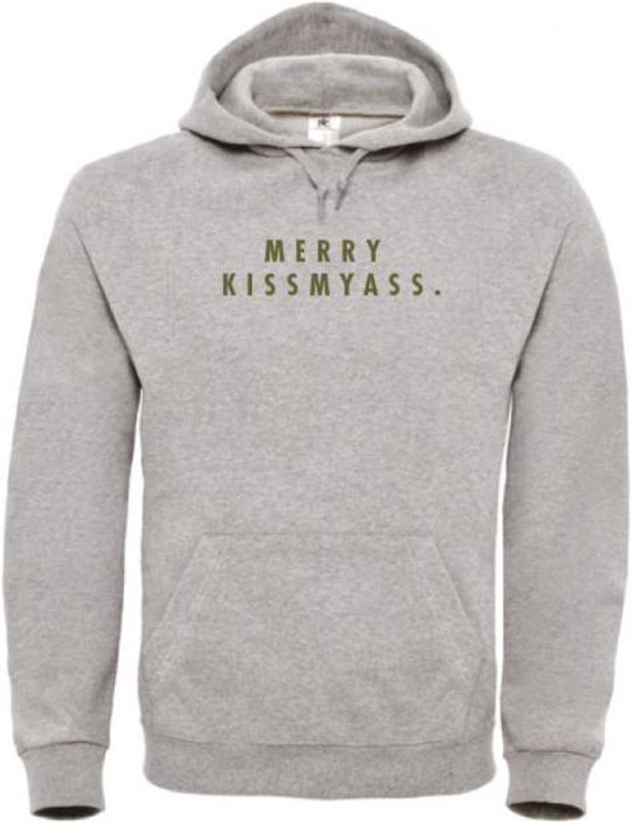 Foute kersttrui hoodie grijs M - Merry Kissmyass - Olijfgroen - soBAD. | Kersttrui soBAD. | kerstsweaters volwassenen | kerst hoodie volwassenen | Kerst outfit | Foute kerst truien