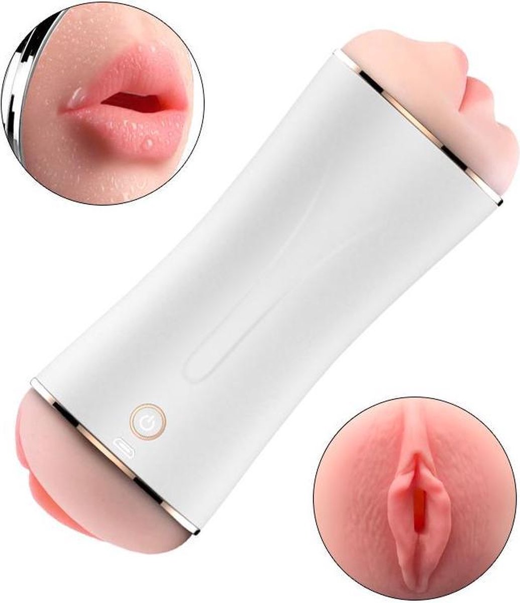 Goedkoopste Foxshow - Double End Masturbator Cup - Zwaar formaat - 2 Openingen voor dubbel fun - Rechargeable - 10 Function - 19,5 Cm - Dia Outside 7,5 Cm - stoere Giftbox - White - 63-00019